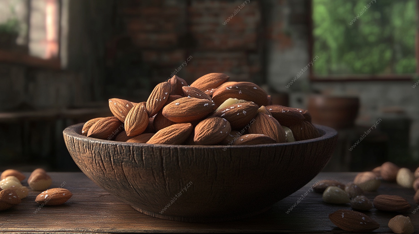 木碗中的杏仁特写