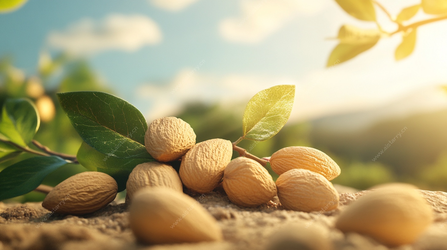 阳光下的杏仁与绿叶