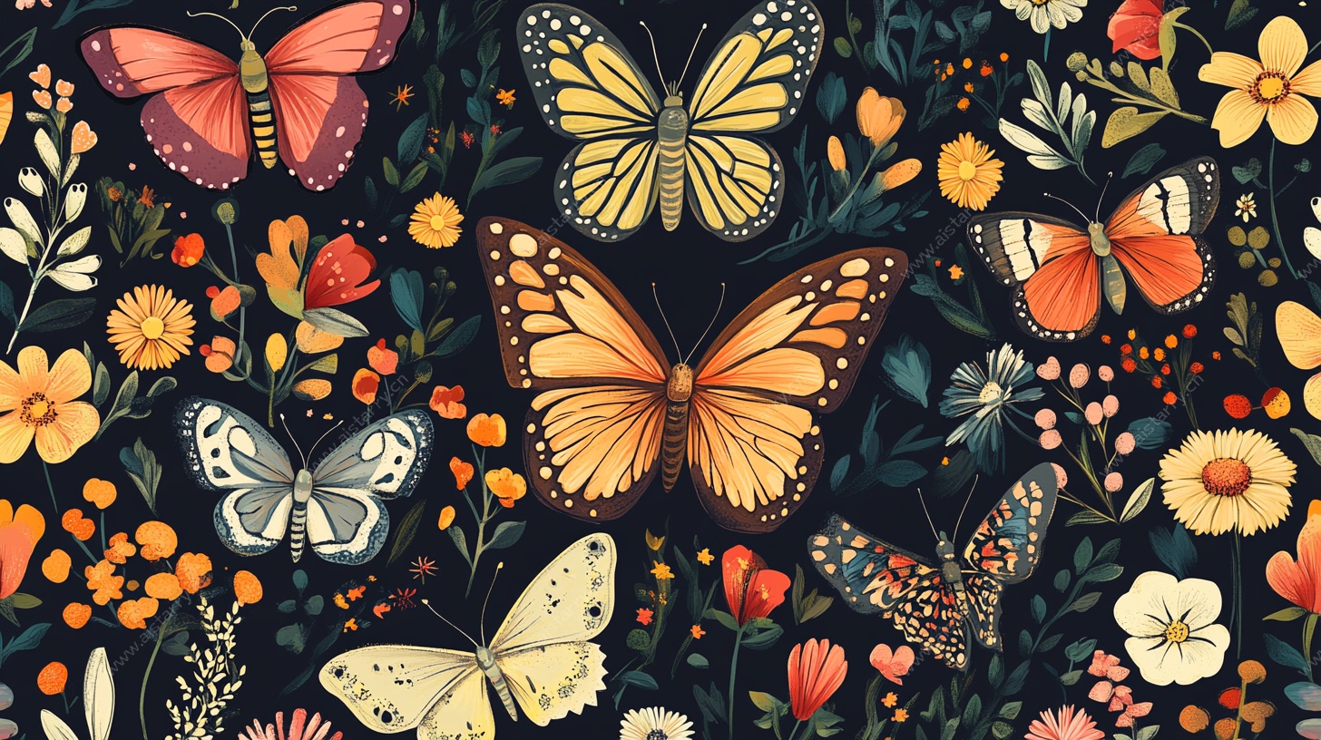 蝴蝶与花卉的梦幻插画