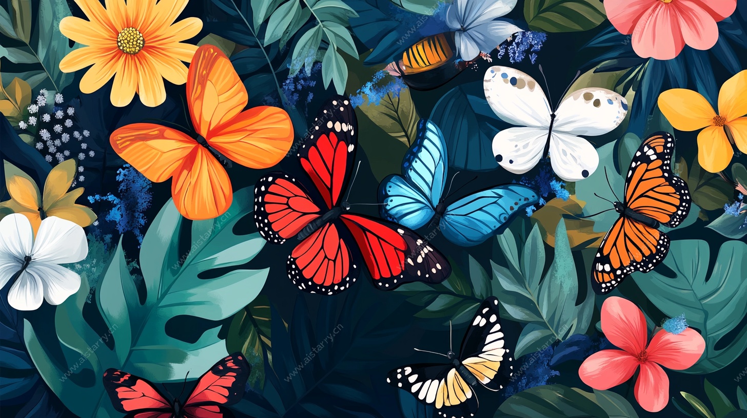 梦幻蝴蝶花卉插画世界