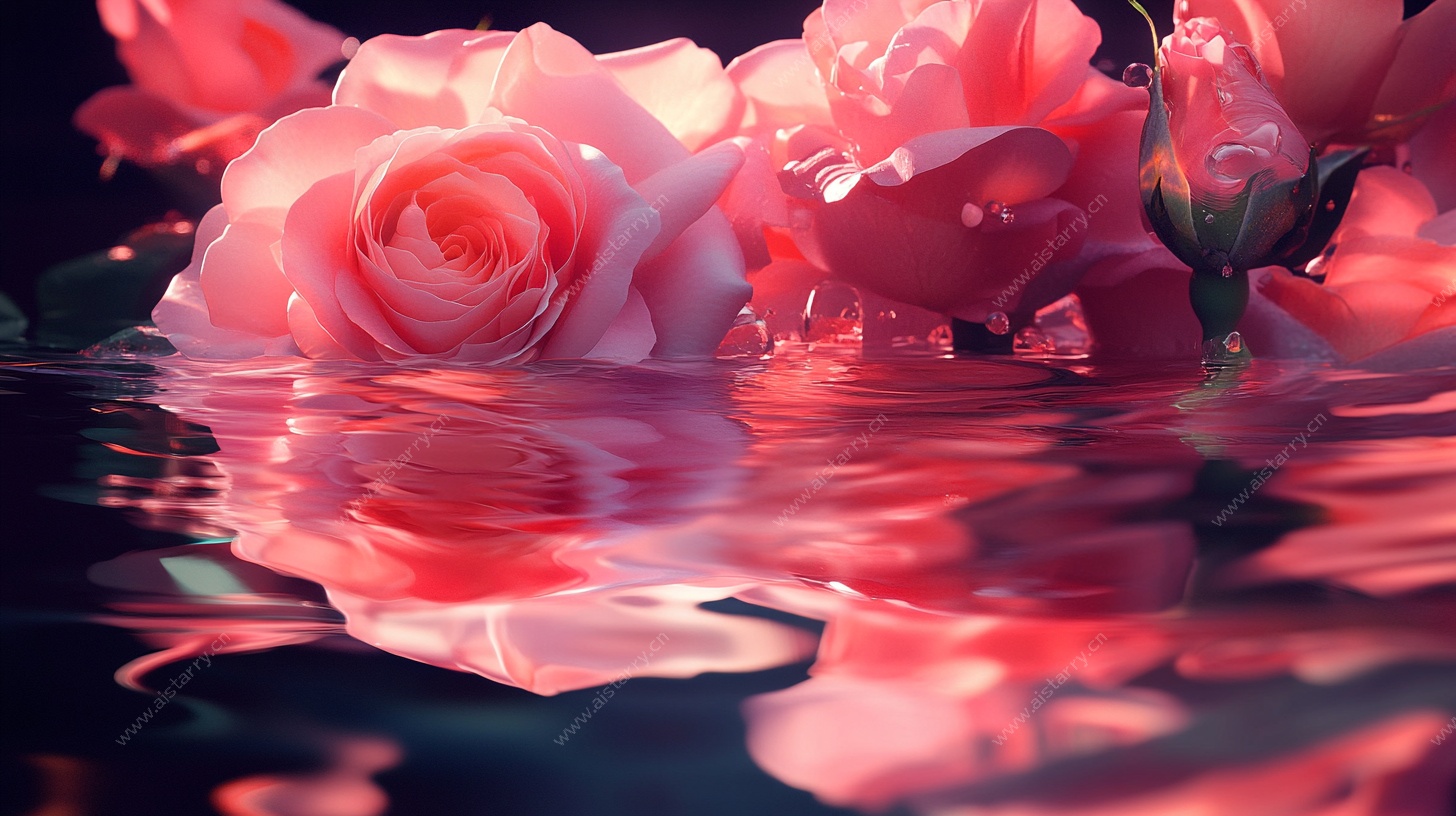 水中粉玫瑰的梦幻倒影