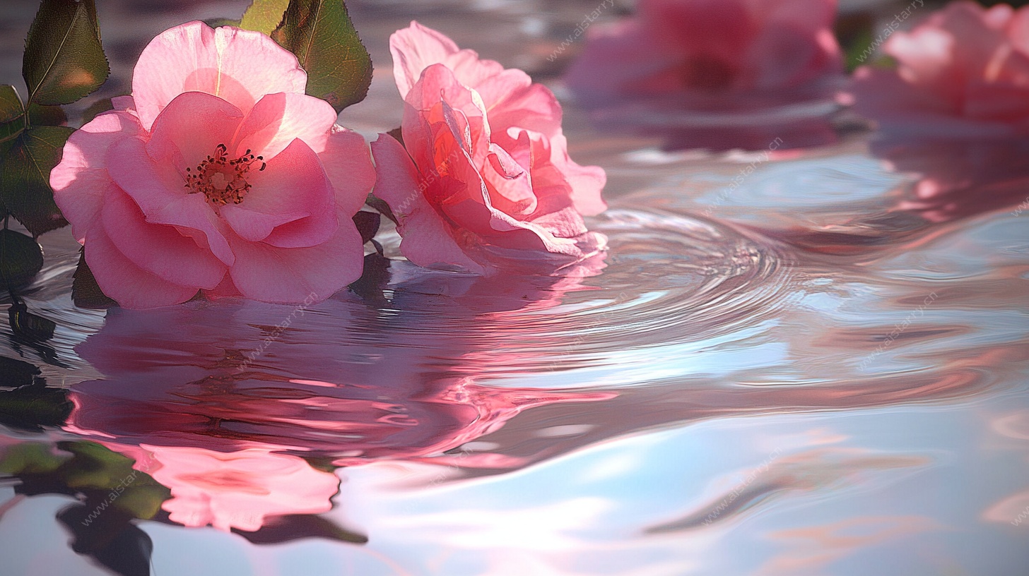 水中绽放的娇艳粉玫瑰