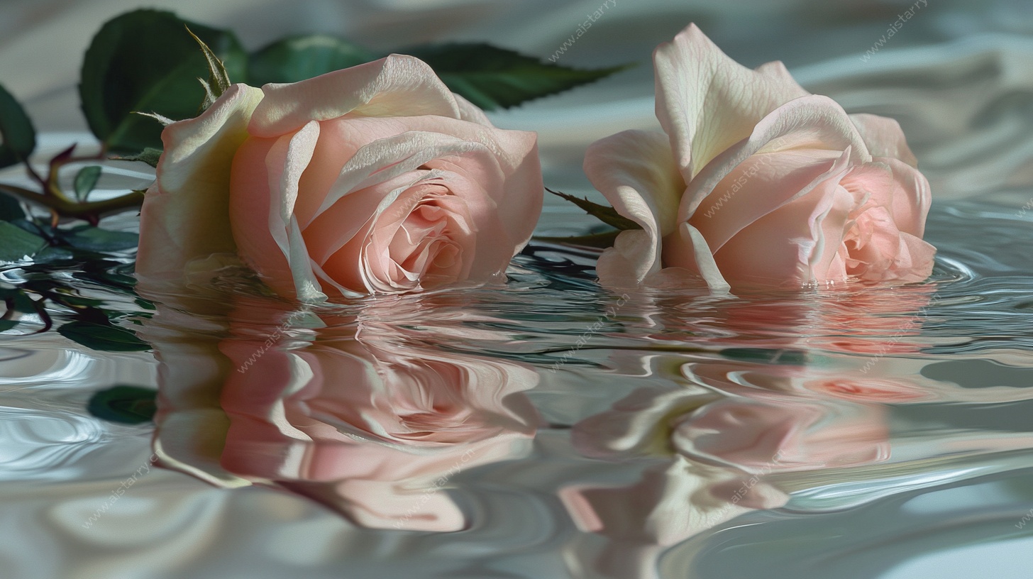 水中粉玫瑰倒影