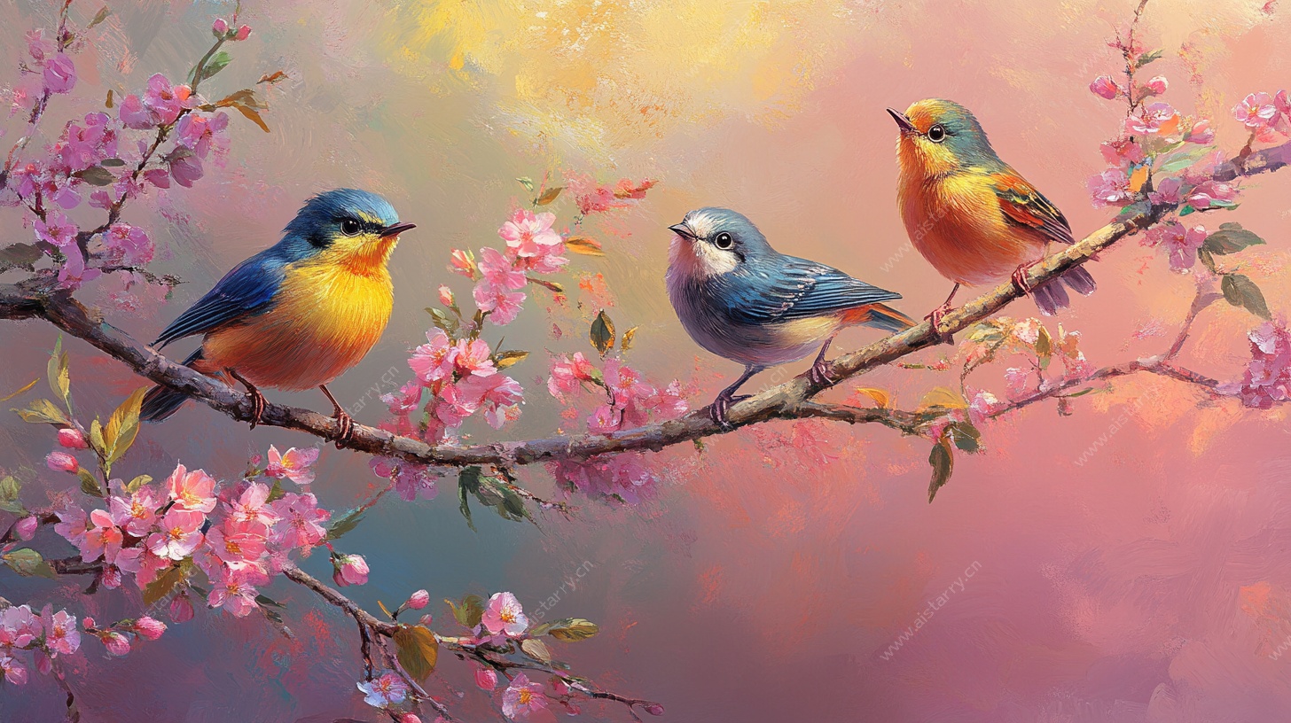 枝头小鸟与烂漫春花图