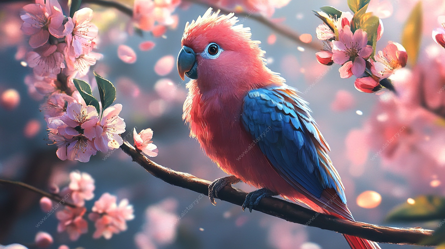 枝头彩鹦伴繁花