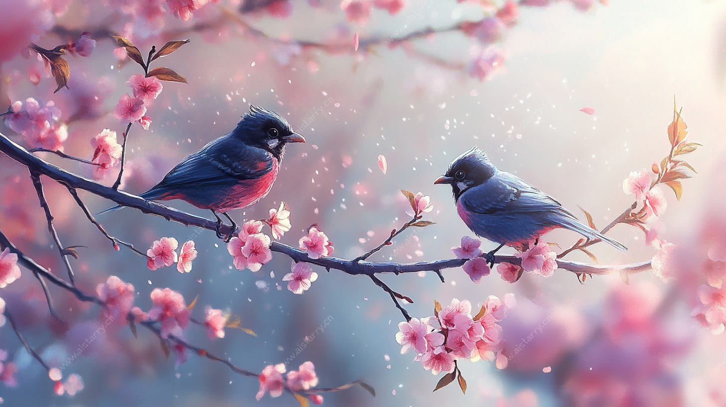 双鸟栖于繁花枝头