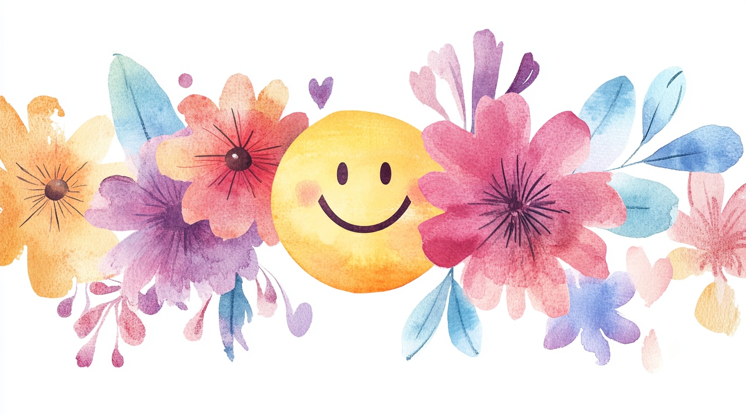 笑脸与花卉水彩插画