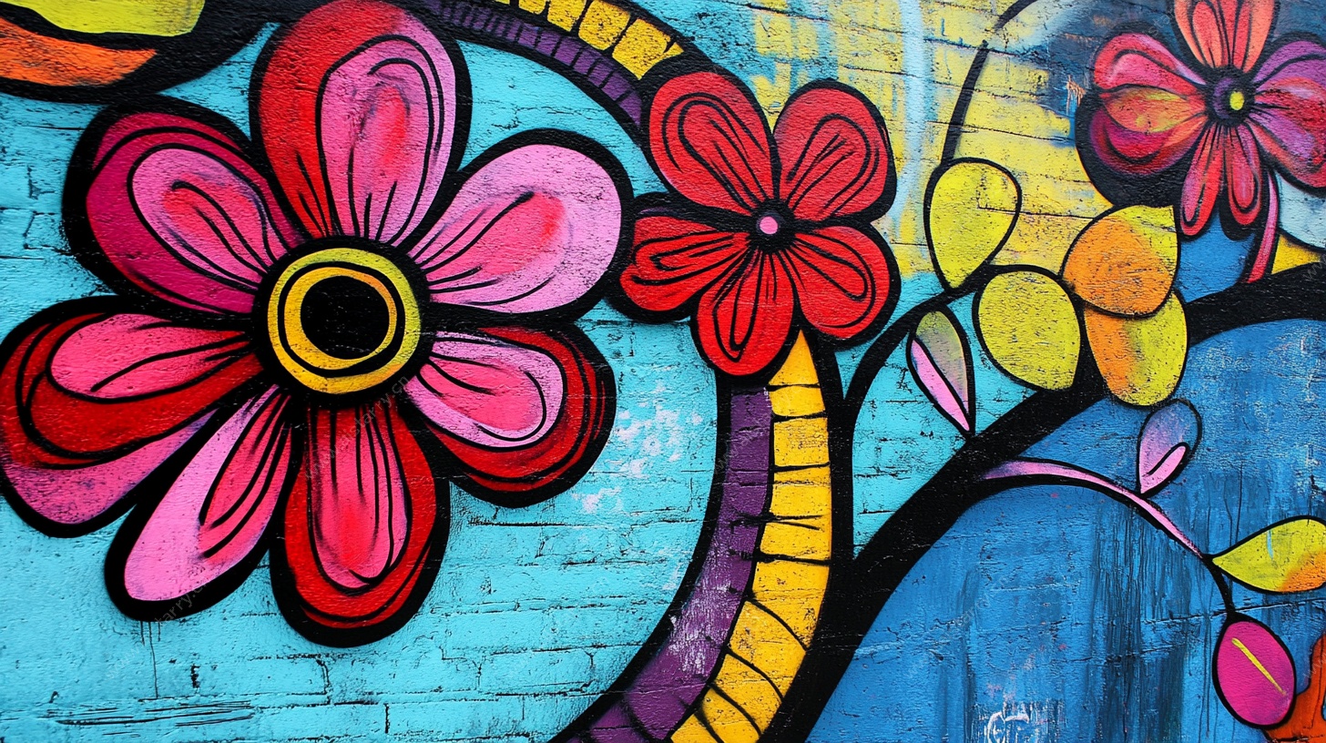 绚丽花朵墙面涂鸦艺术