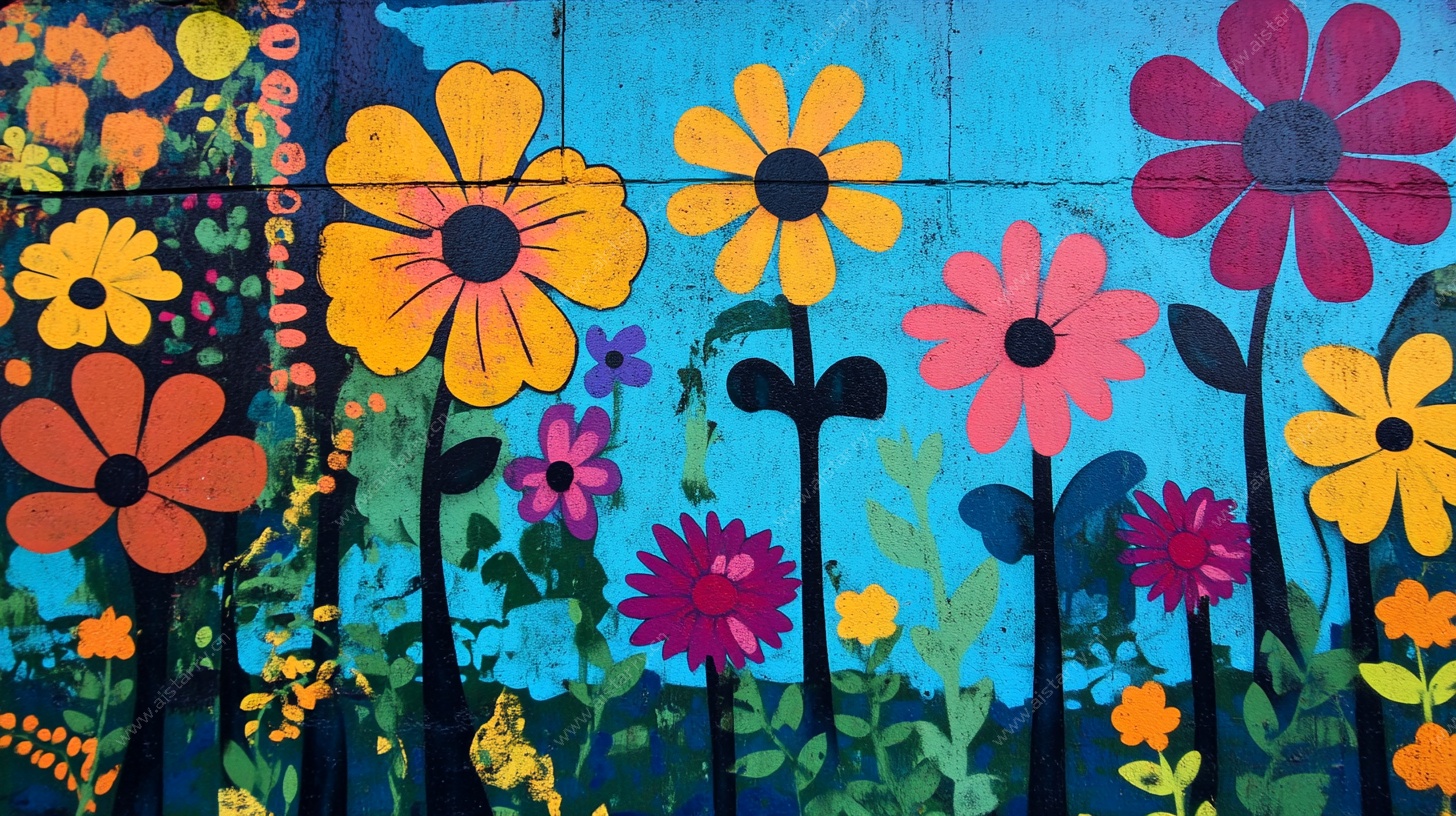多彩手绘花卉墙面艺术