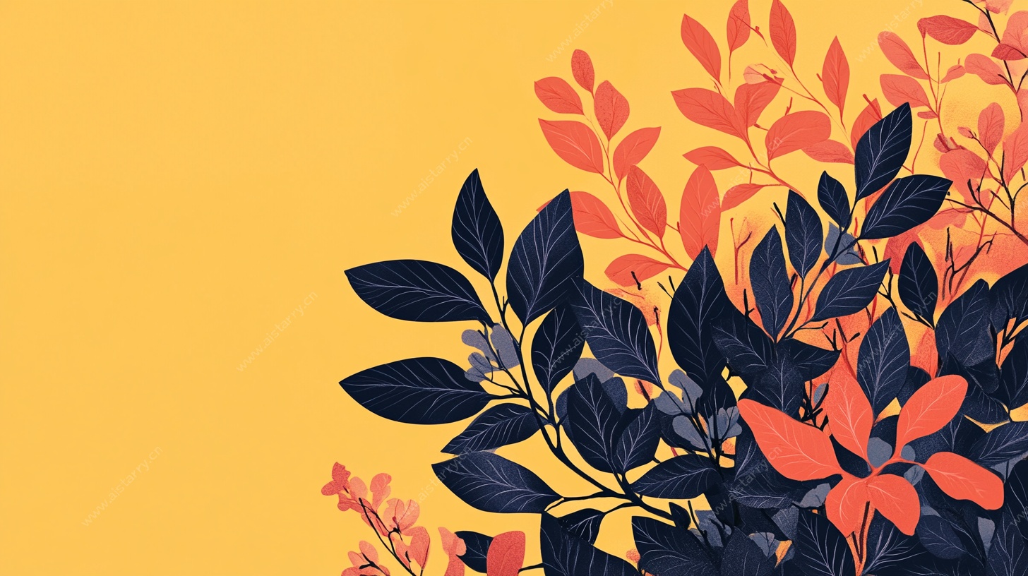 橙色背景的多彩植物插画