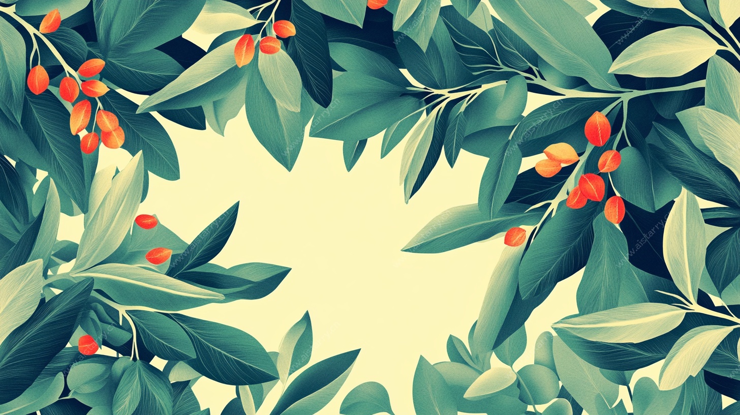 绿叶红果植物边框插画