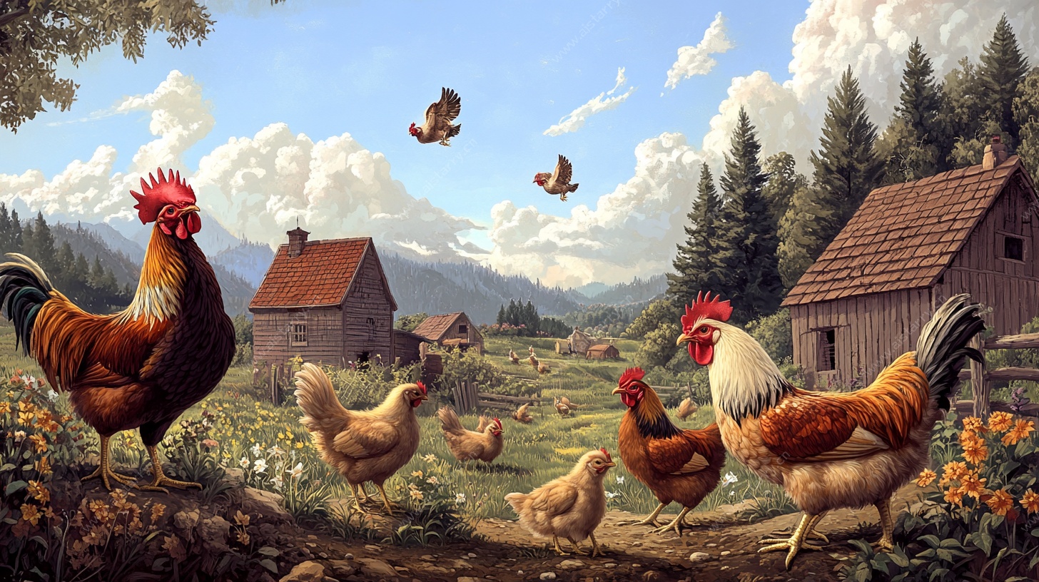 田园鸡群的悠然生活场景