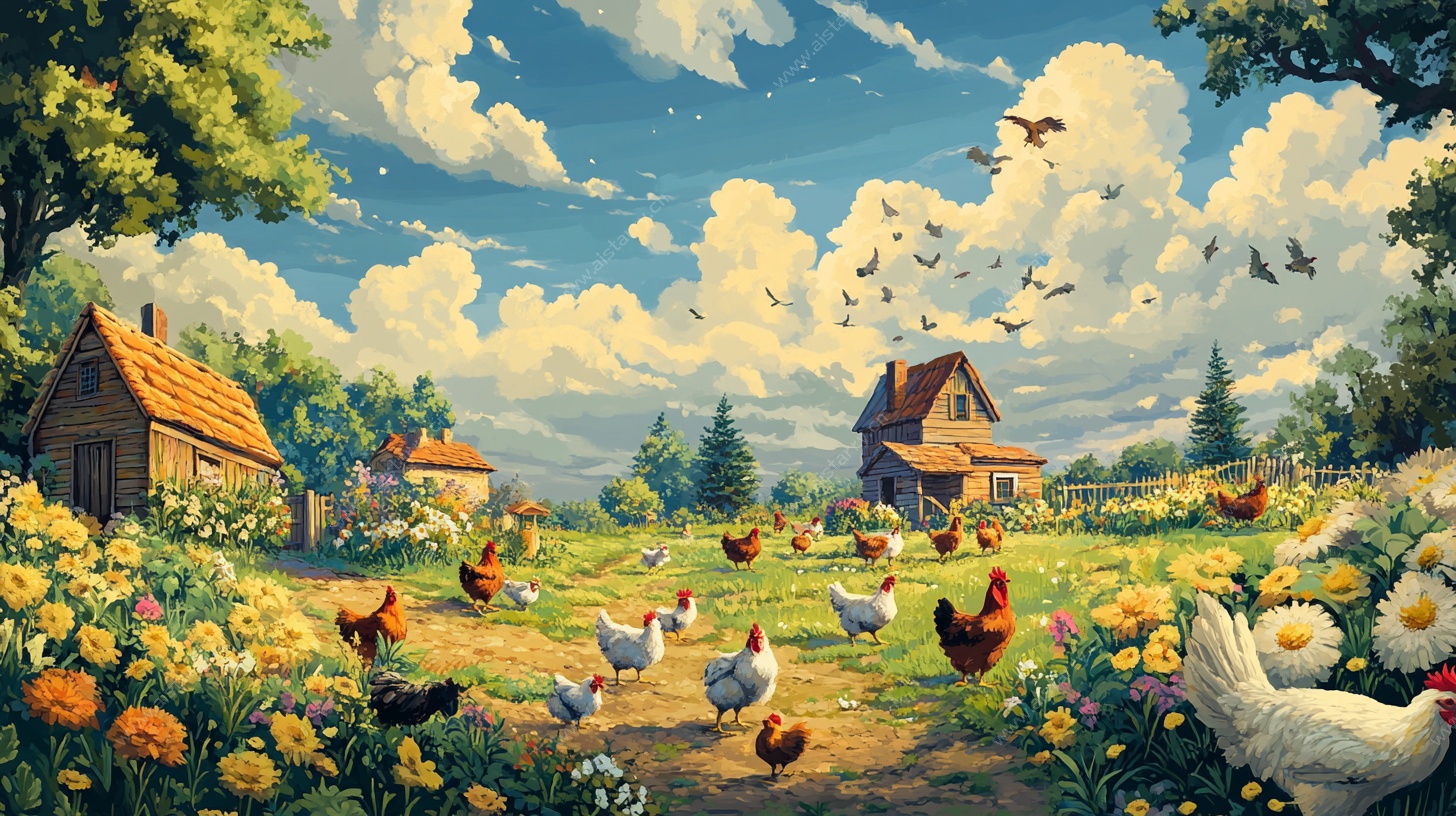 田园牧歌 鸡群与农舍美景