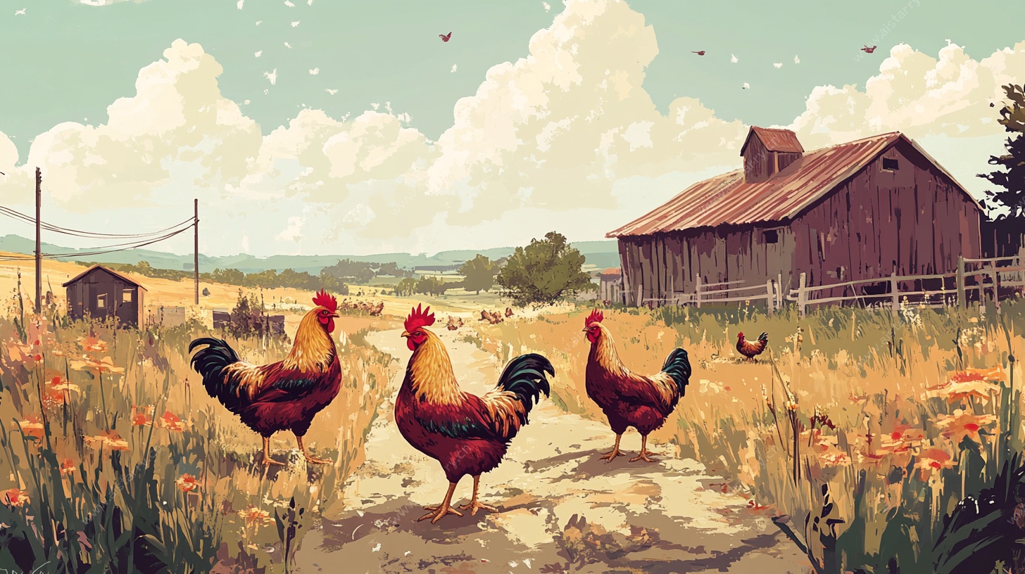 乡村田园中的公鸡漫步