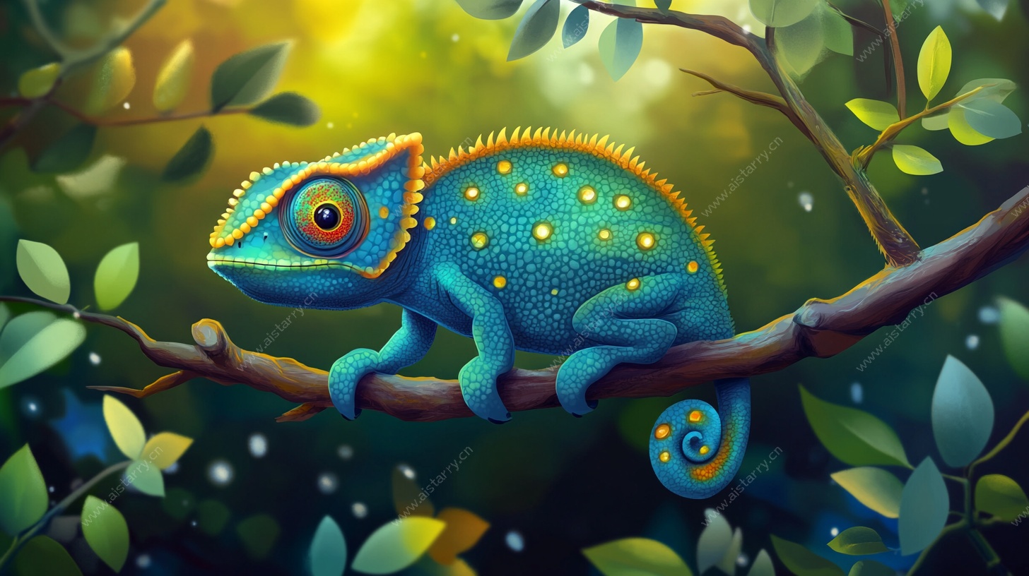 树枝上的多彩变色龙插画
