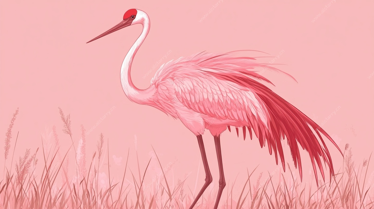 粉色仙鹤立草丛