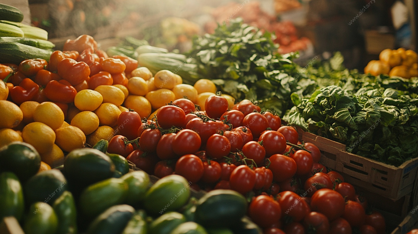 新鲜多彩蔬菜摊位特写