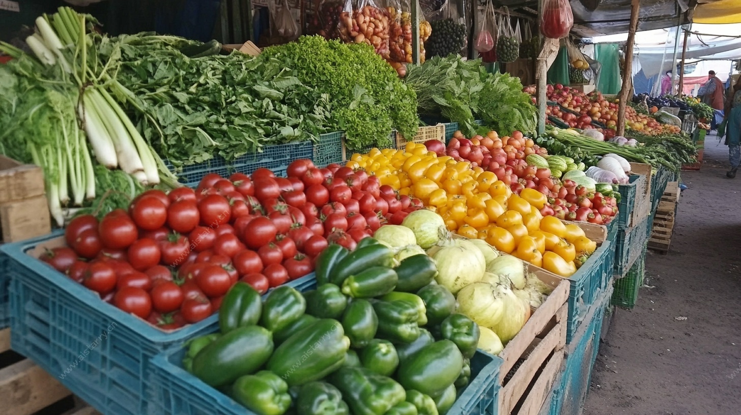 农贸市场的多彩蔬菜摊