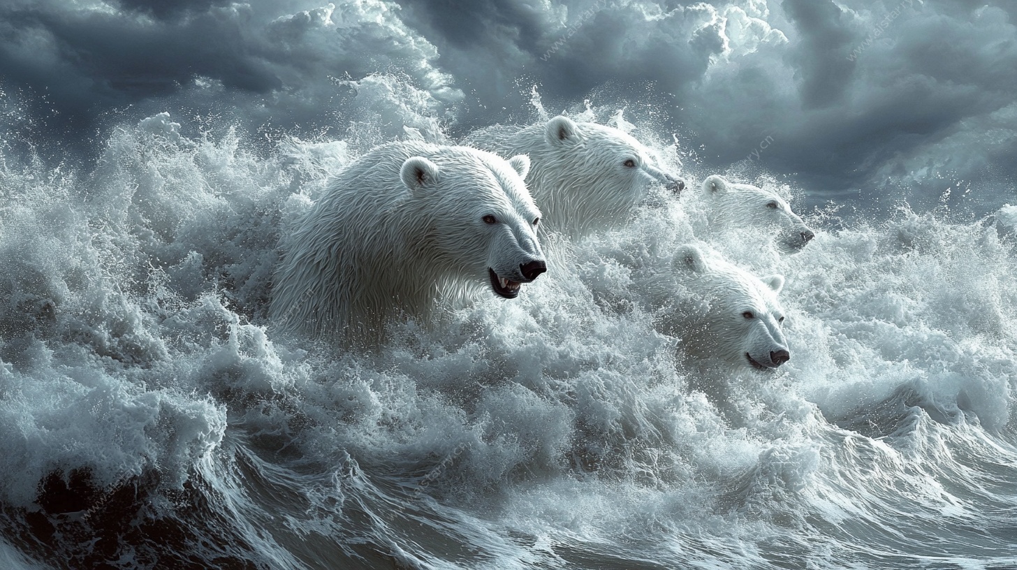 北极熊勇渡汹涌波涛