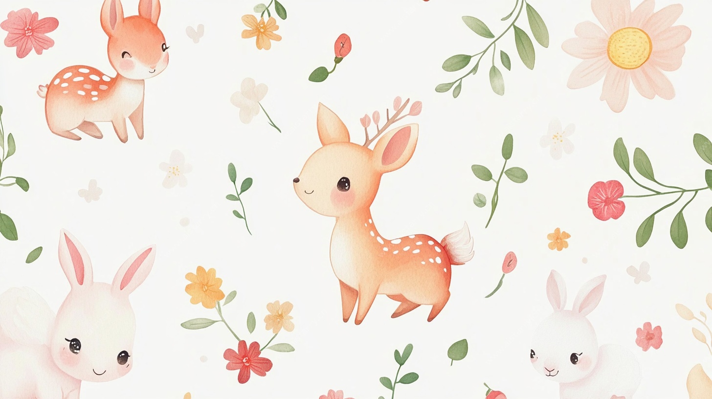 可爱小鹿小兔花卉图案