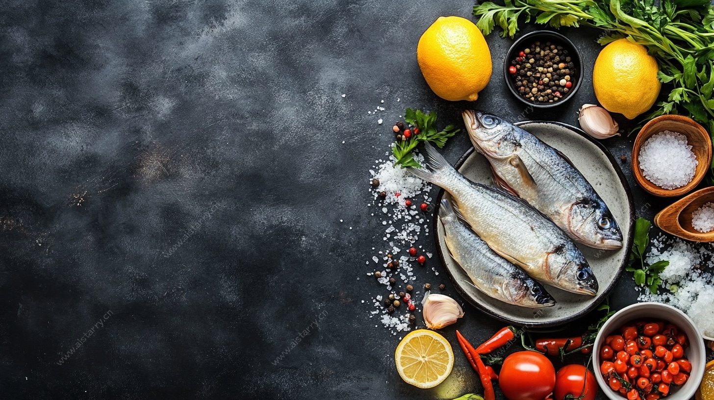 新鲜海鱼与多样烹饪食材