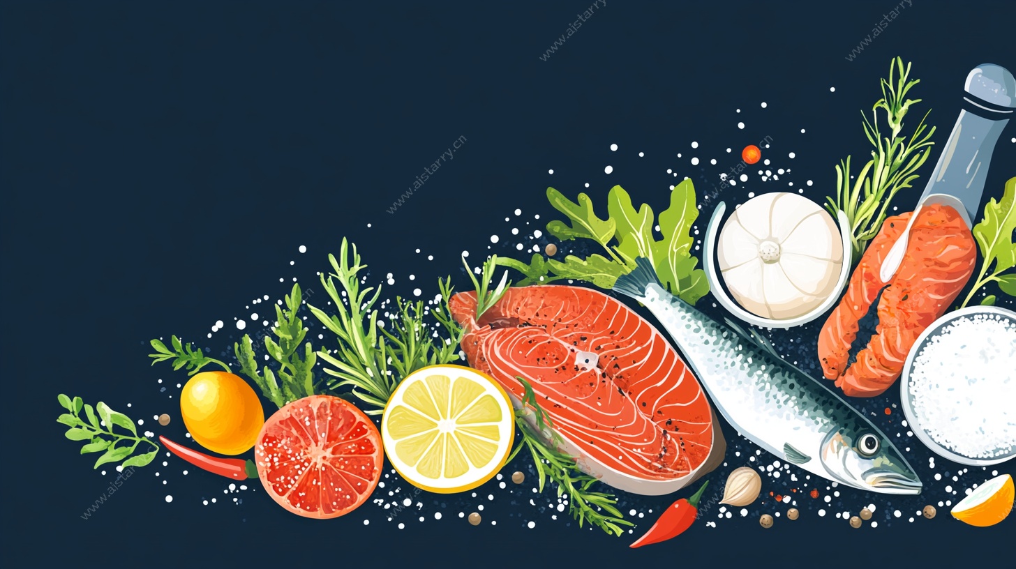 新鲜海鲜与调料插画