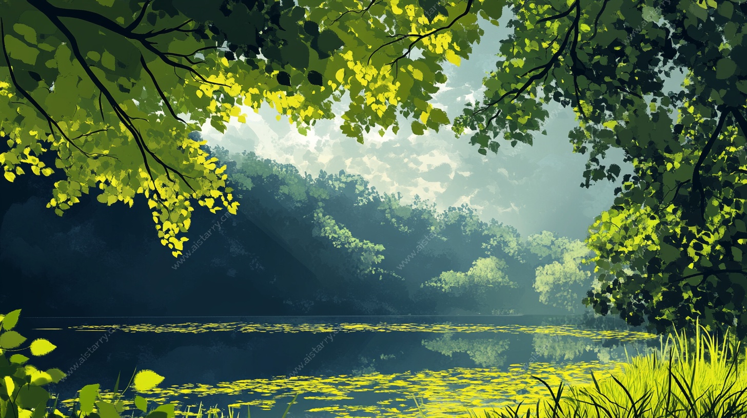 林间湖畔的清新自然风景