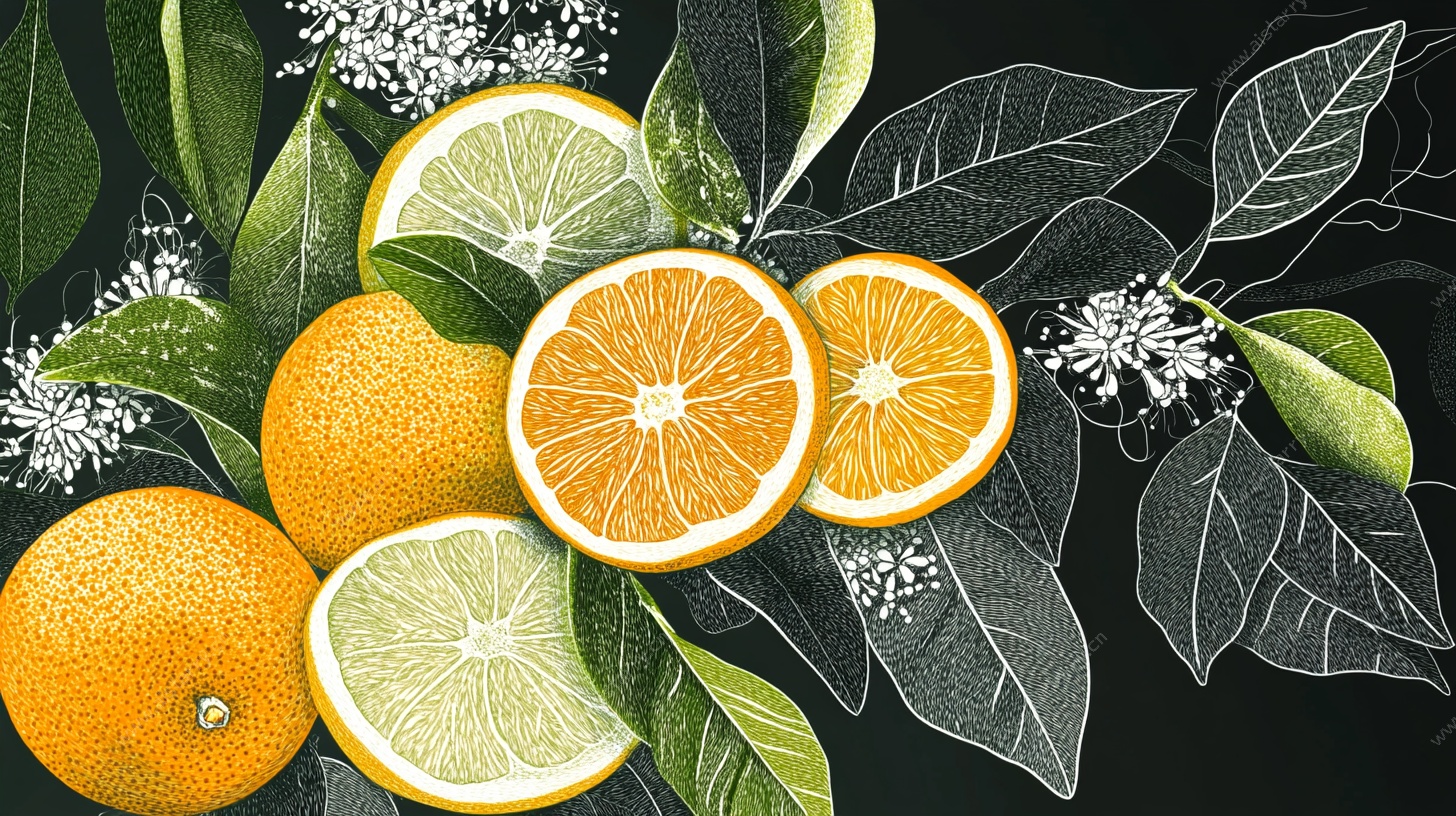 手绘柑橘与绿叶插画