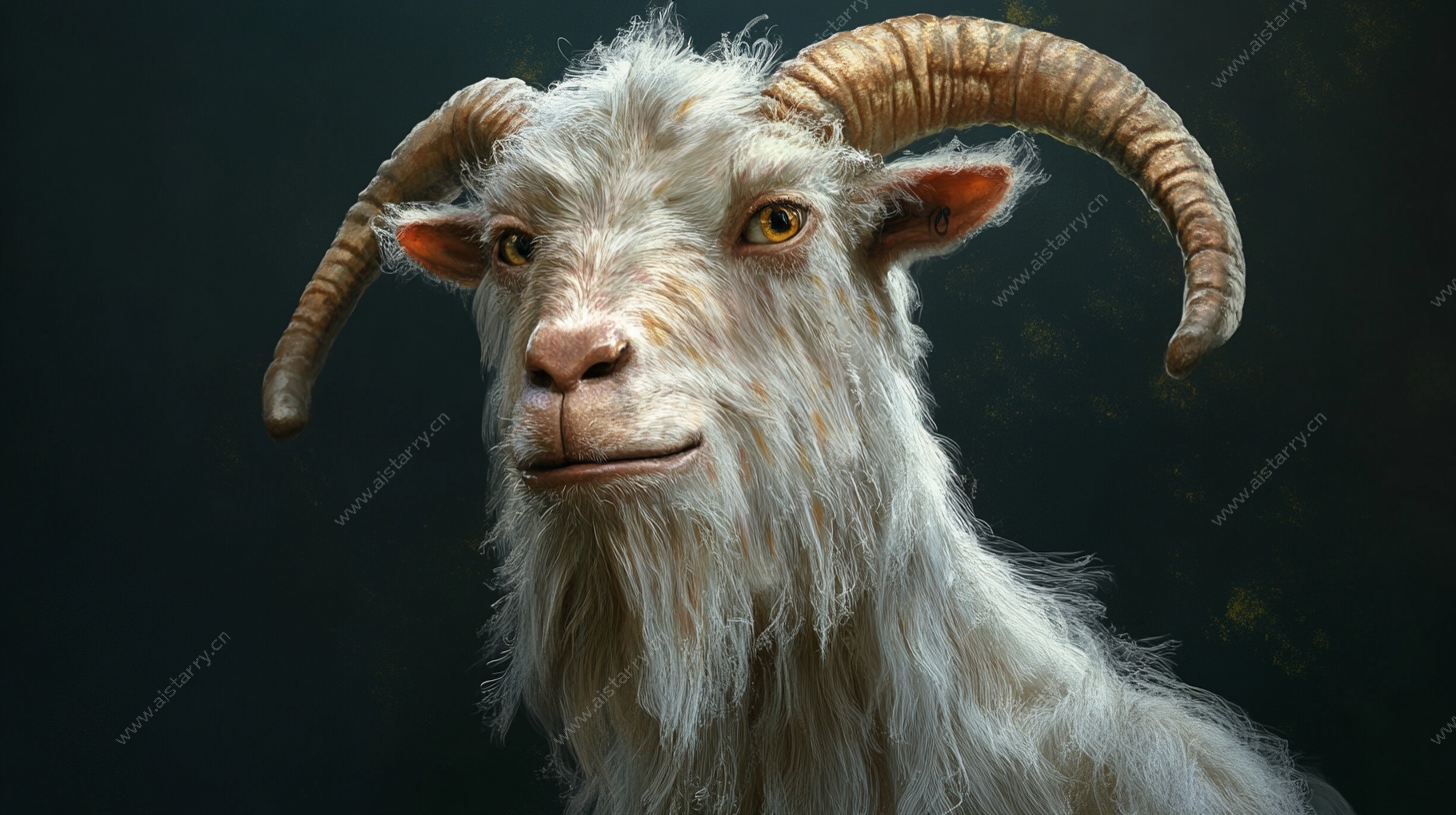 长角白山羊的逼真肖像