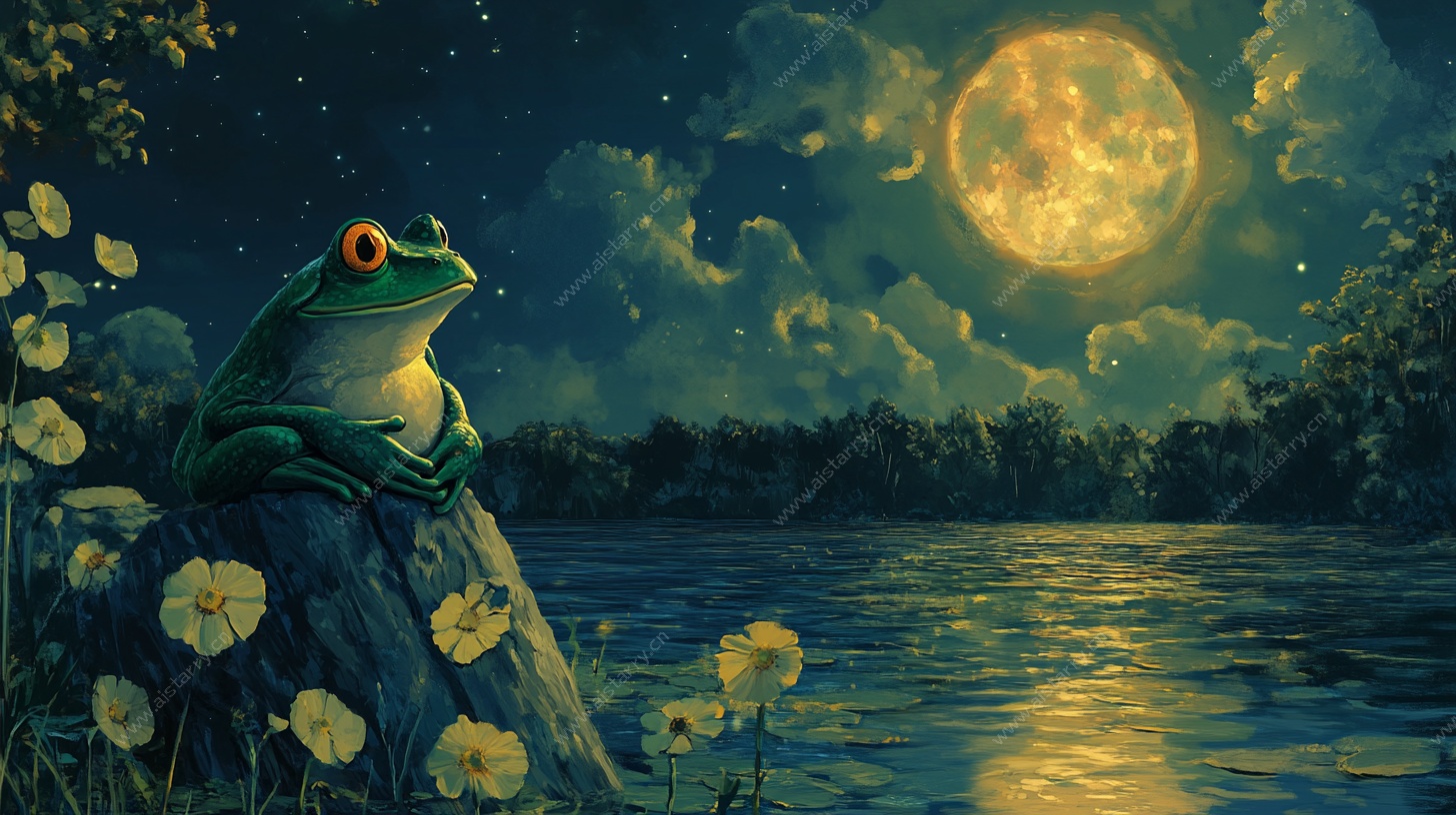 月夜青蛙静思图