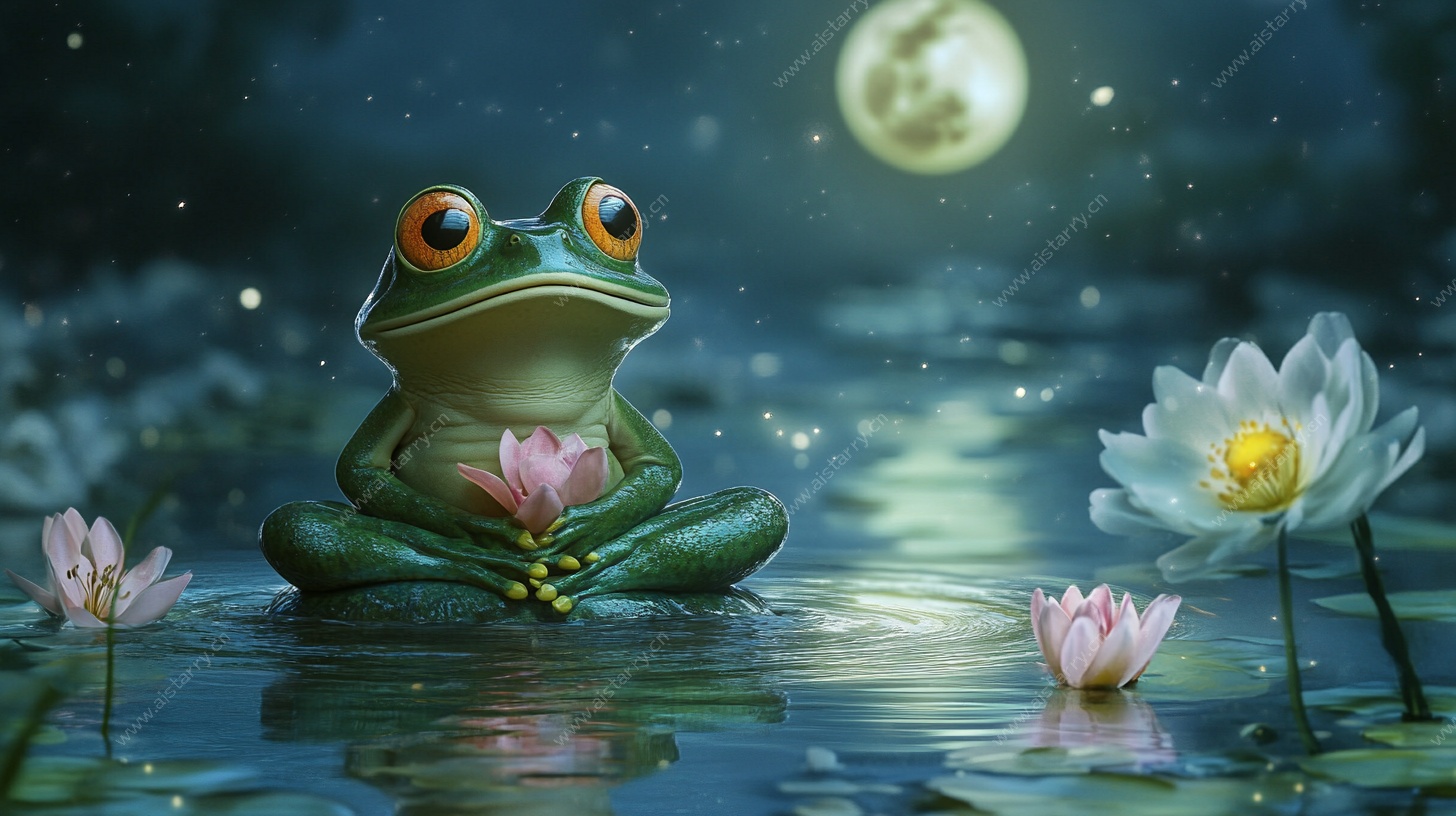 月夜下冥想的青蛙