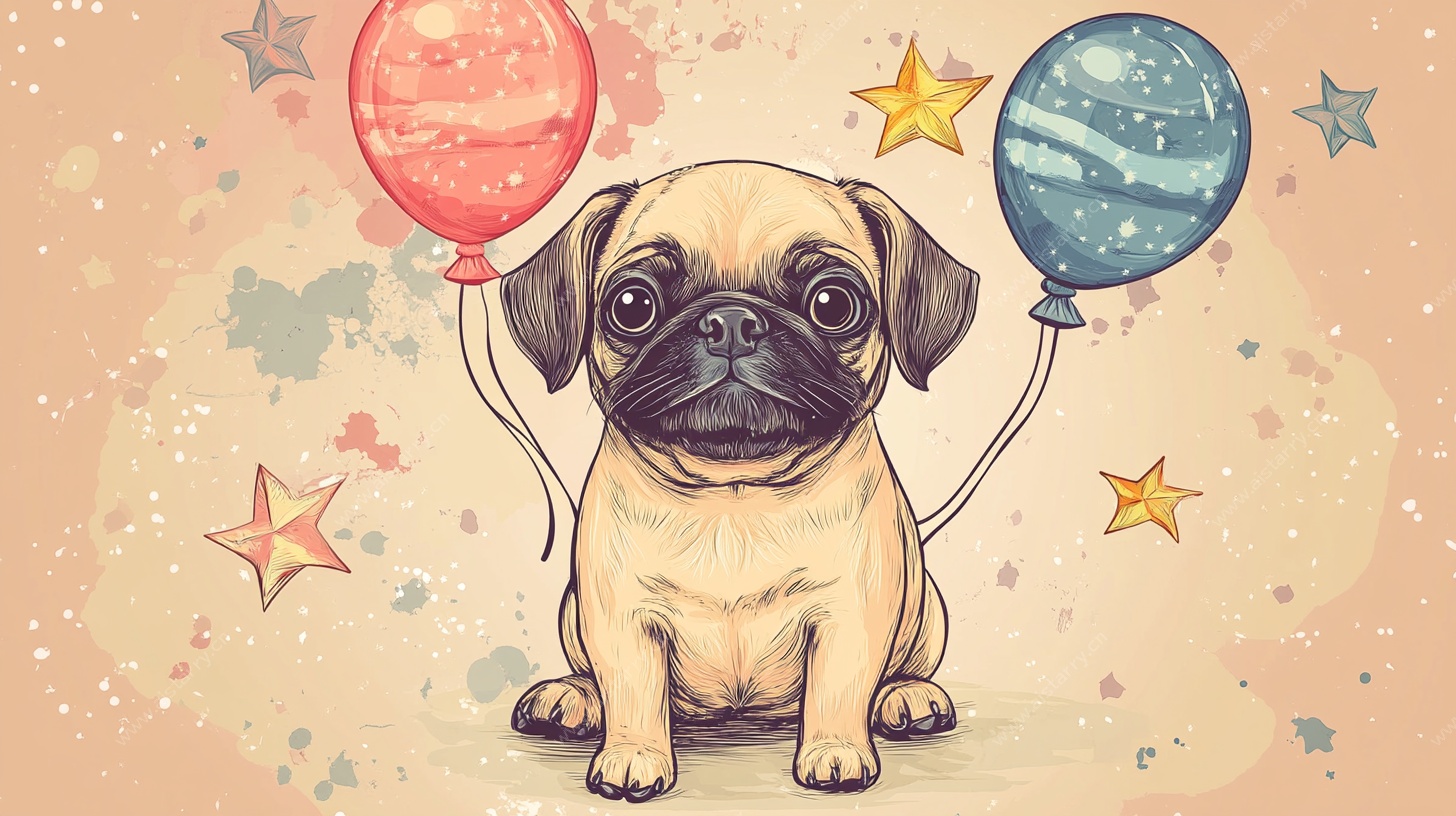 可爱哈巴狗与气球插画