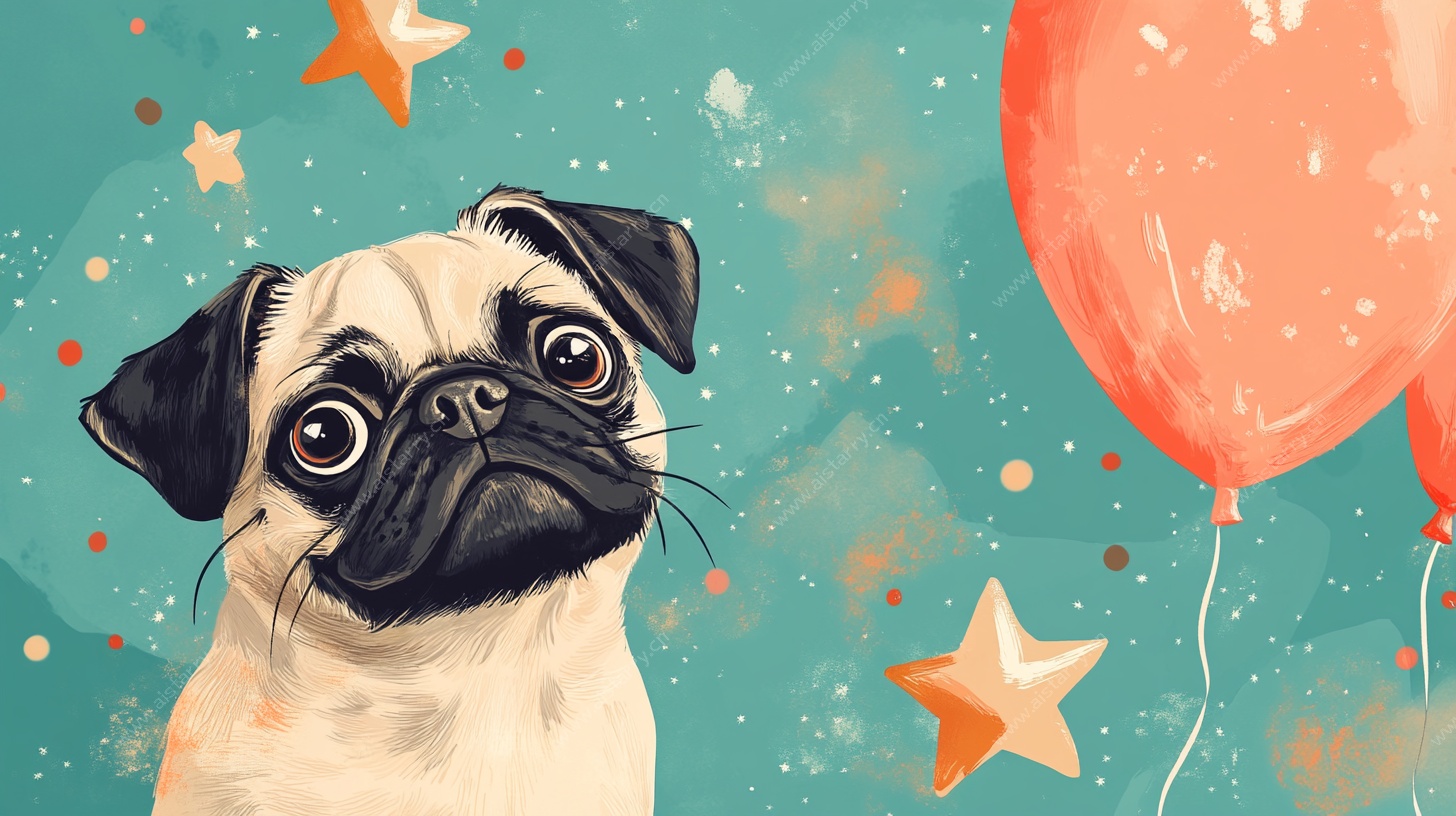 可爱哈巴狗与气球插画