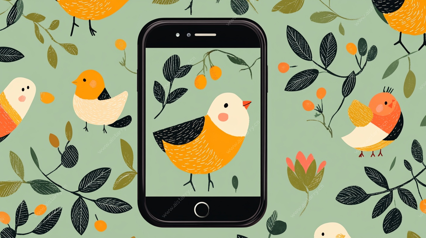 手机中的萌趣小鸟插画