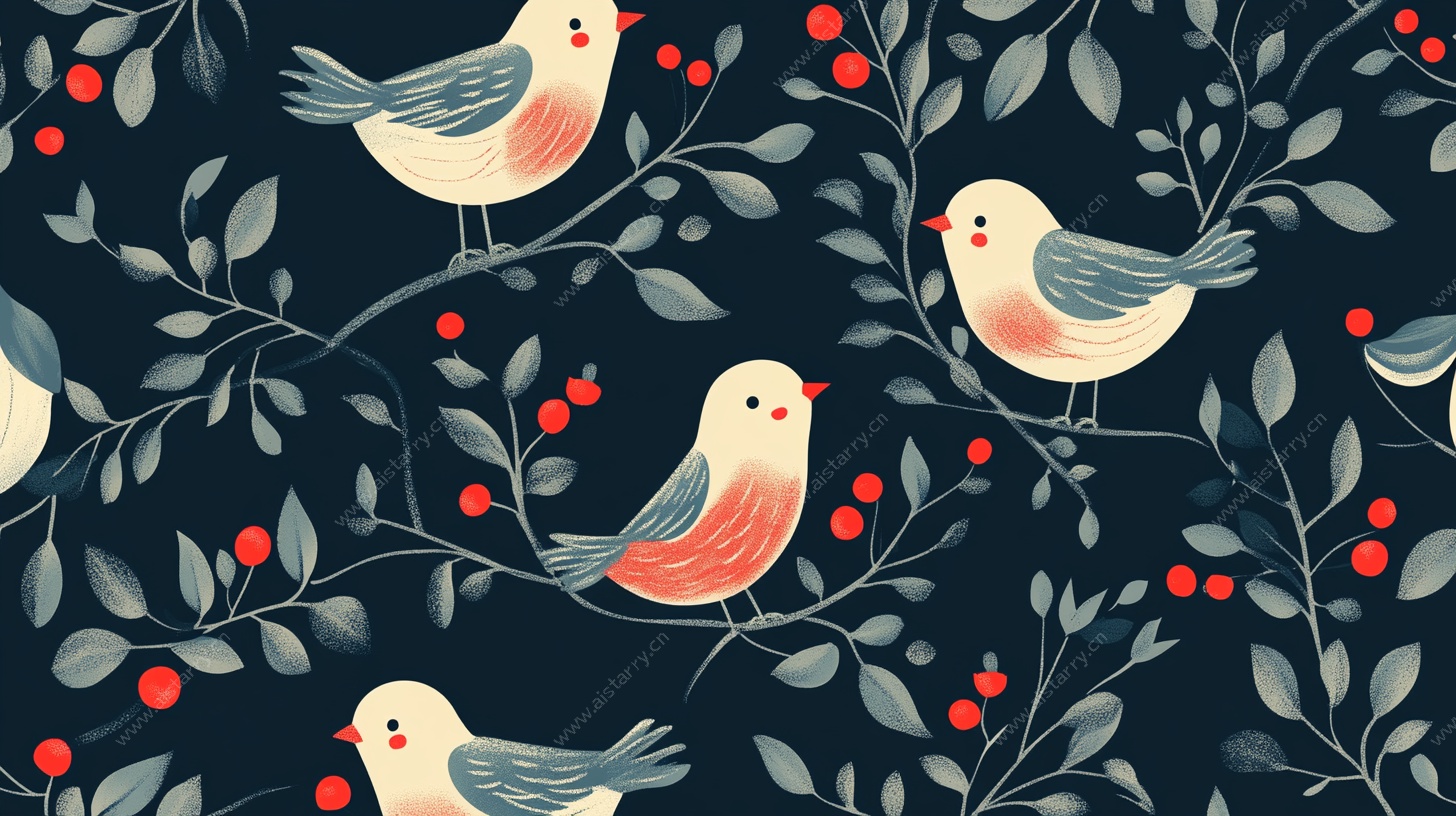 小鸟与浆果的唯美图案