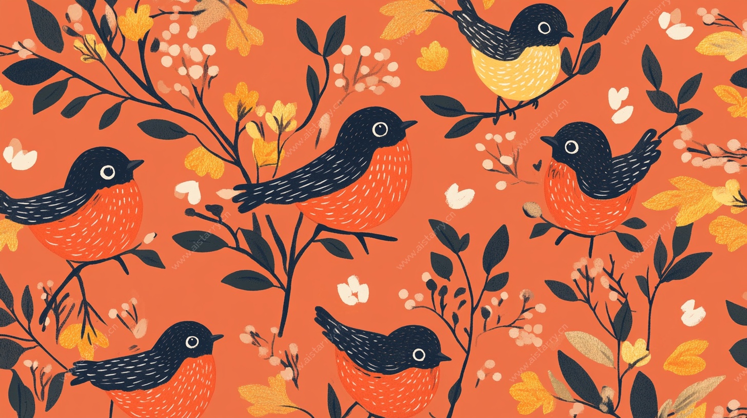 秋日花鸟图案 活泼插画风