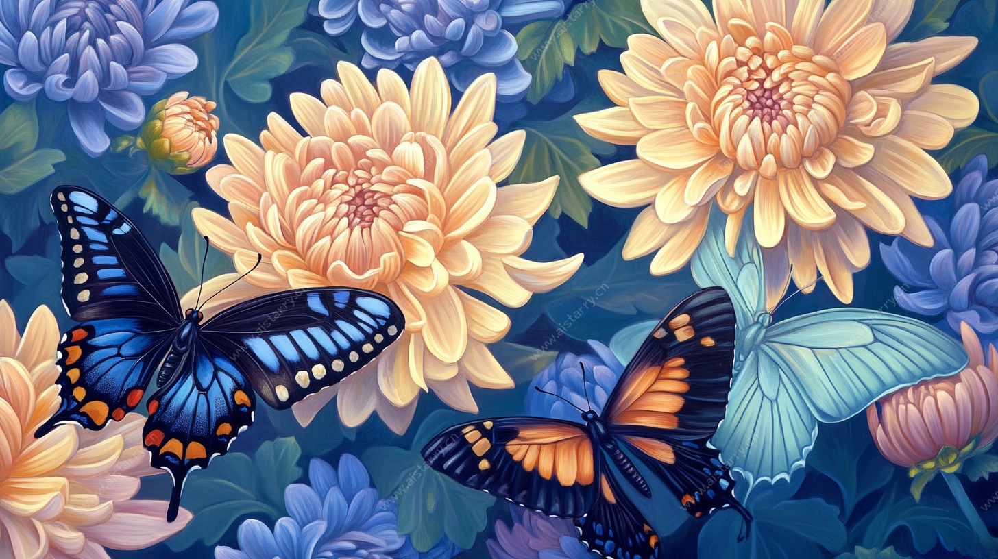 蝶舞菊间花卉插画