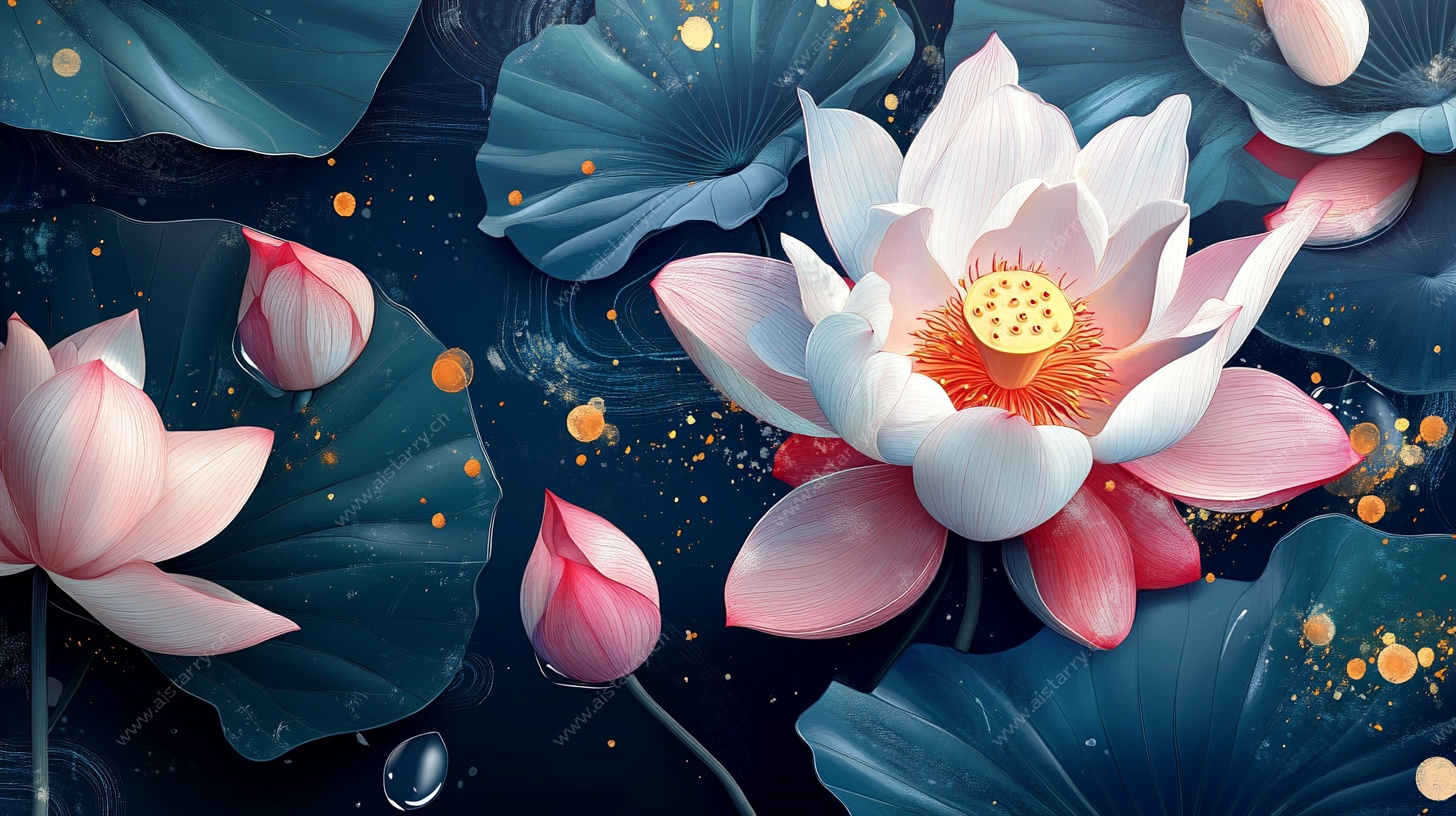 梦幻荷塘荷花插画