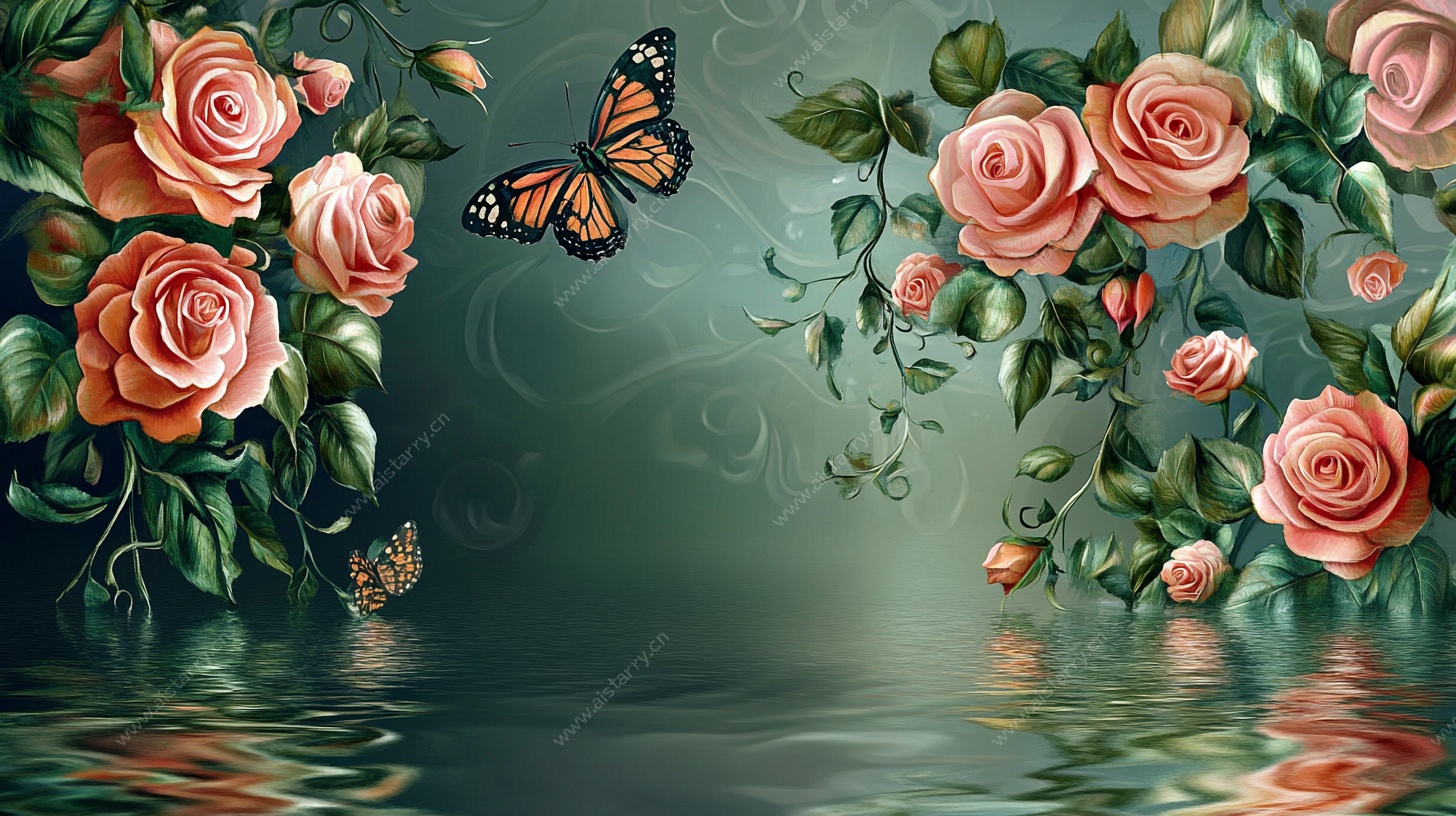 玫瑰蝴蝶水景插画