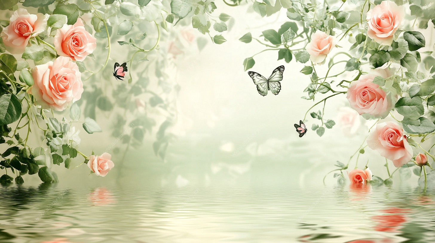 浪漫玫瑰蝴蝶梦幻水景图