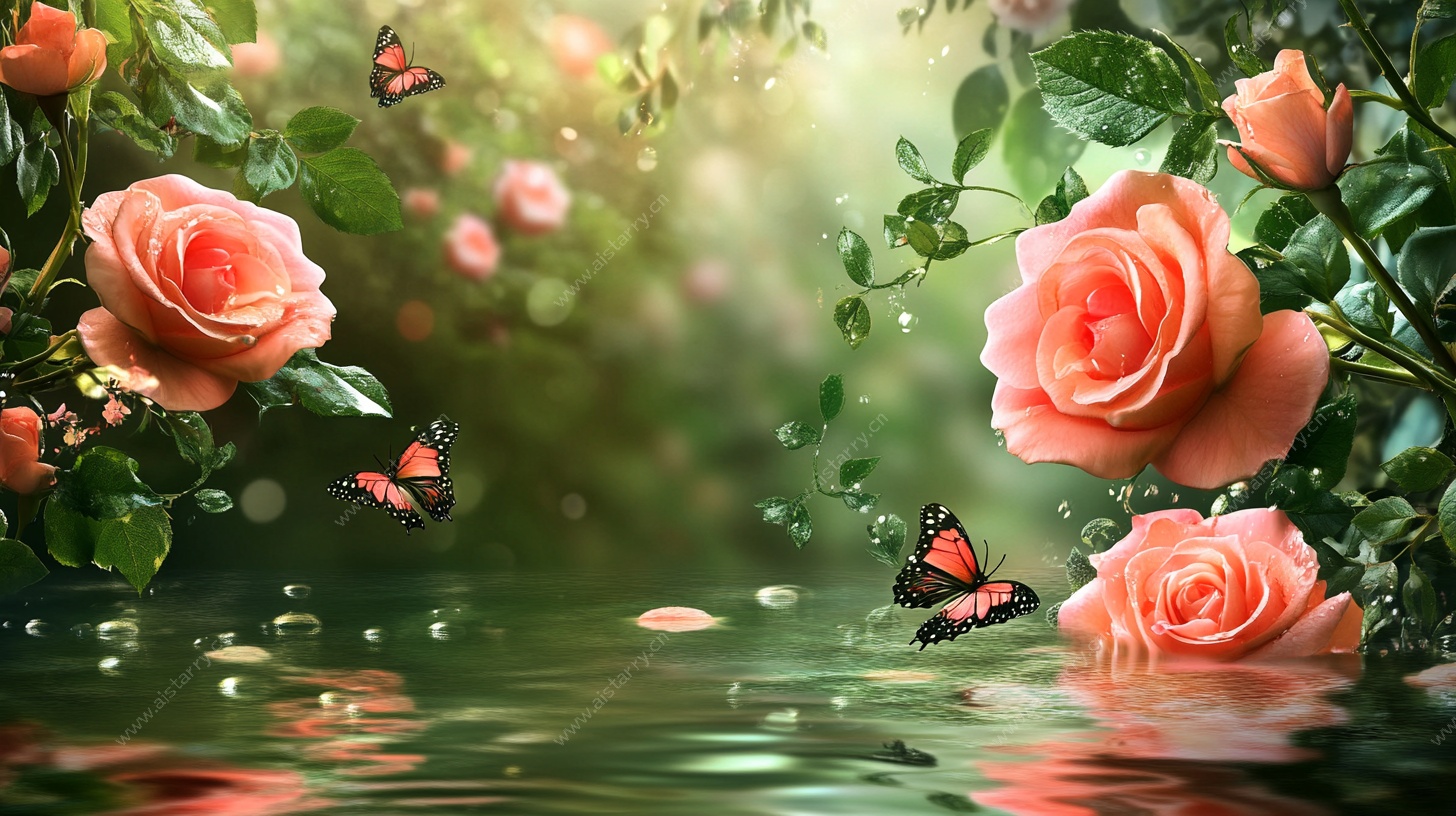 梦幻玫瑰与蝴蝶水景图