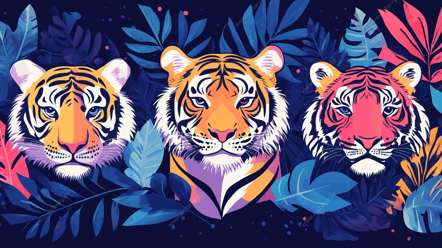 三只老虎的热带风情插画