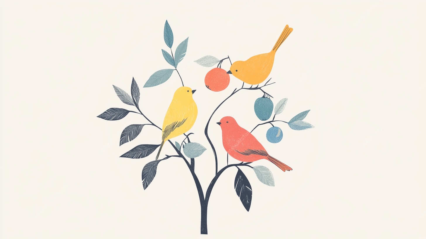 树上彩鸟与果实插画
