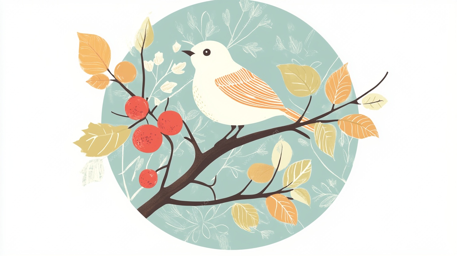 枝头小鸟与秋果插画