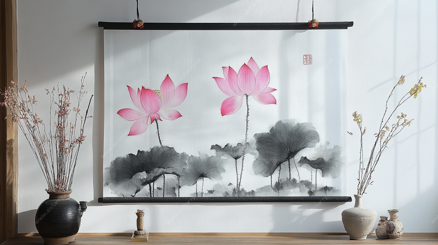 中式水墨荷花挂轴装饰画