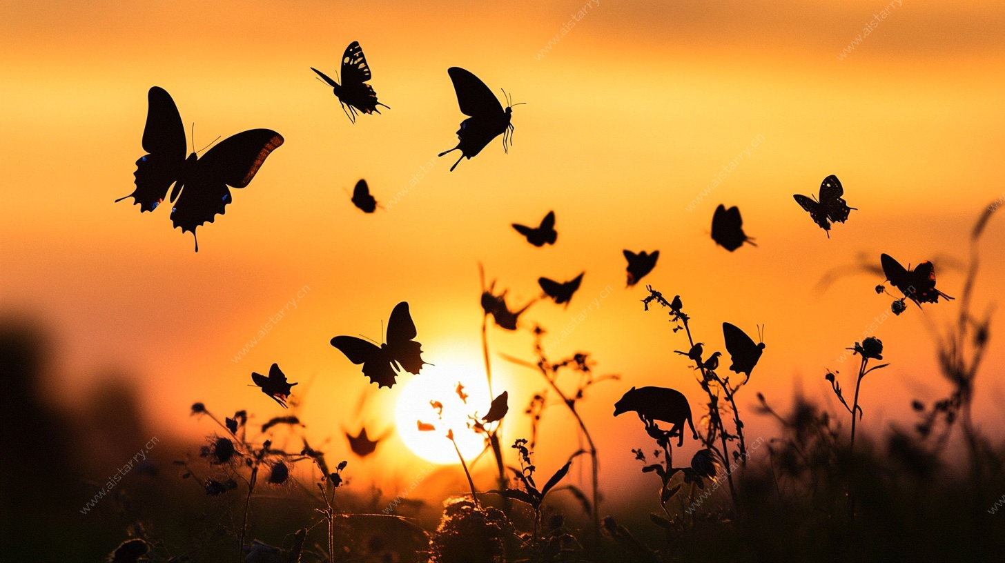 夕阳下群蝶飞舞的美景