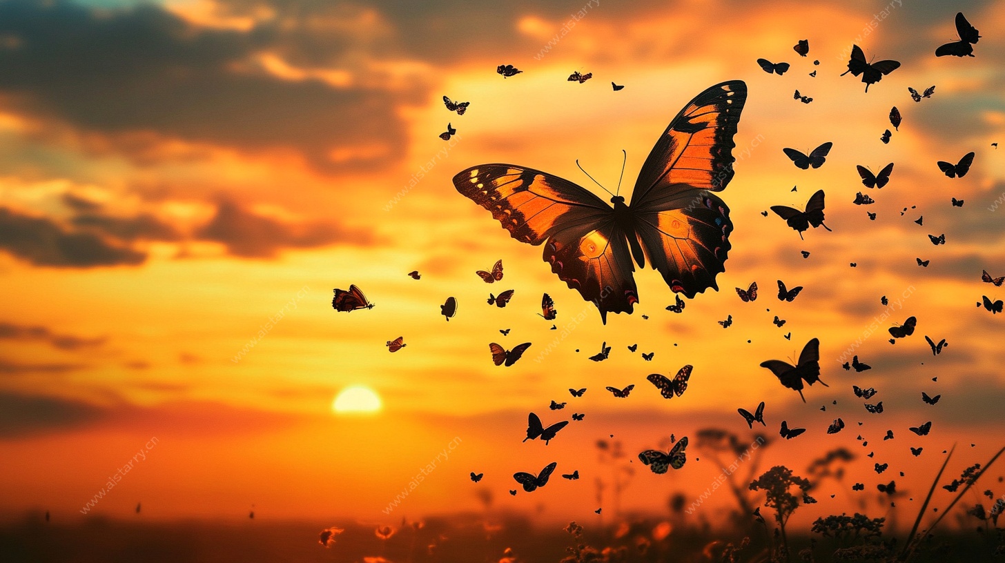 夕阳下群蝶飞舞的梦幻场景