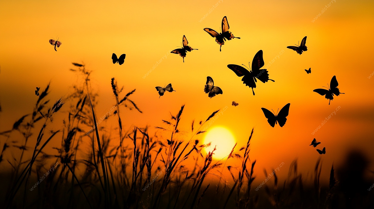 夕阳下飞舞的蝴蝶剪影