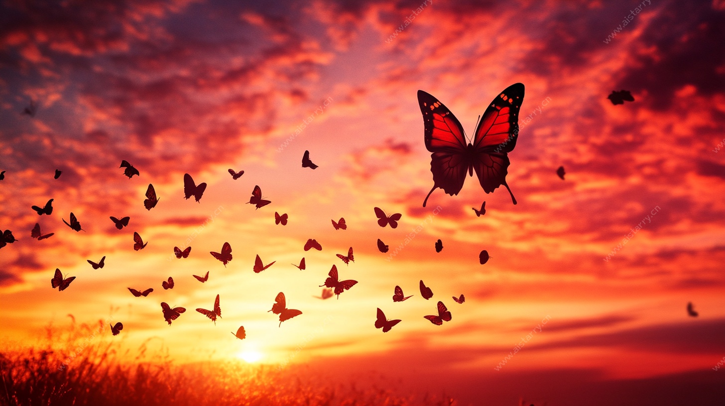 夕阳下蝶群飞舞美景