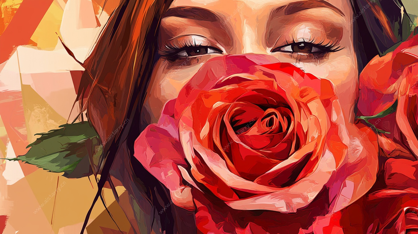 玫瑰遮面的梦幻女性形象